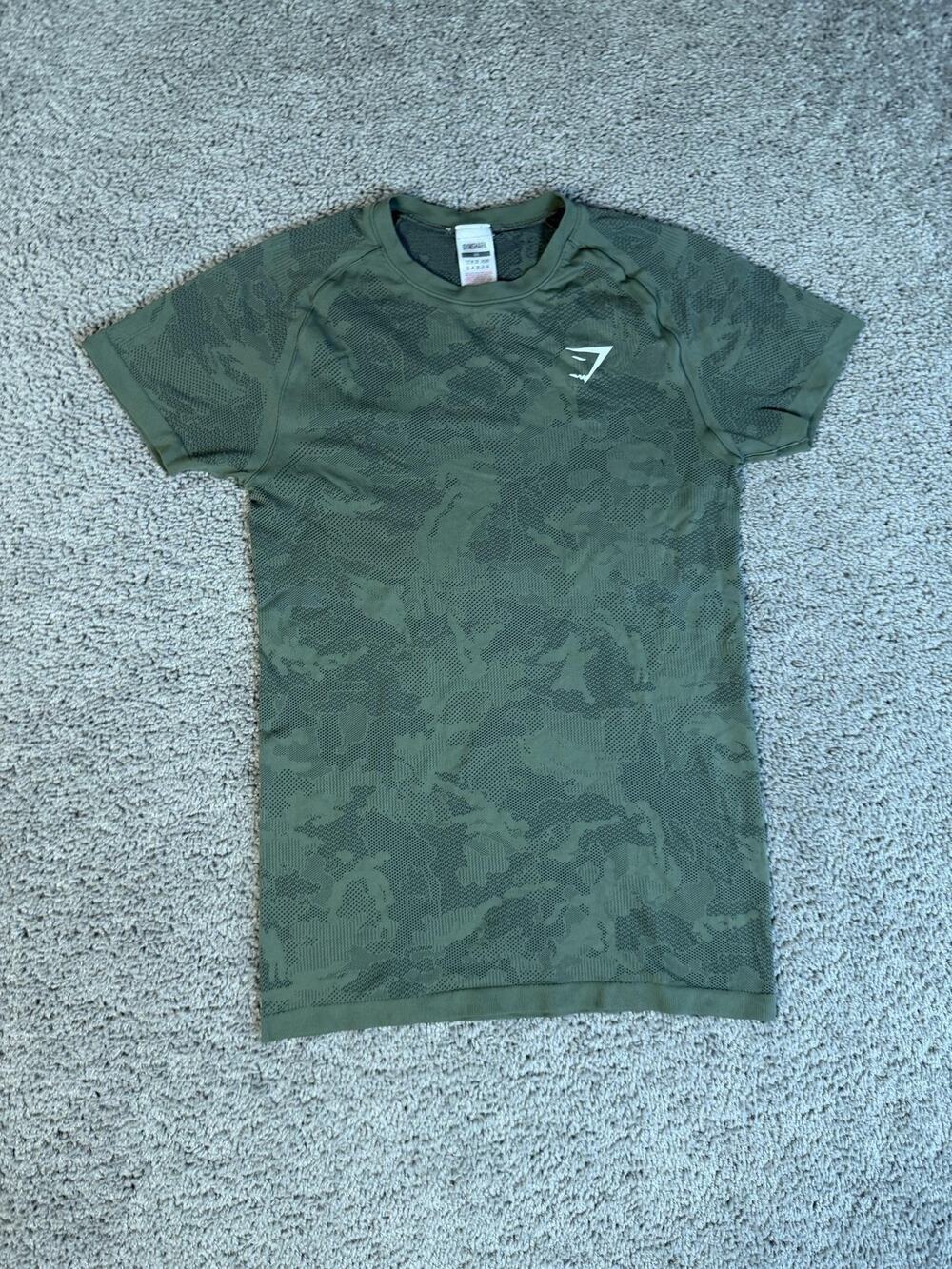 Gymshark Shirt Mens XS Green Camouflage Short Sleeve Jersey Breathable